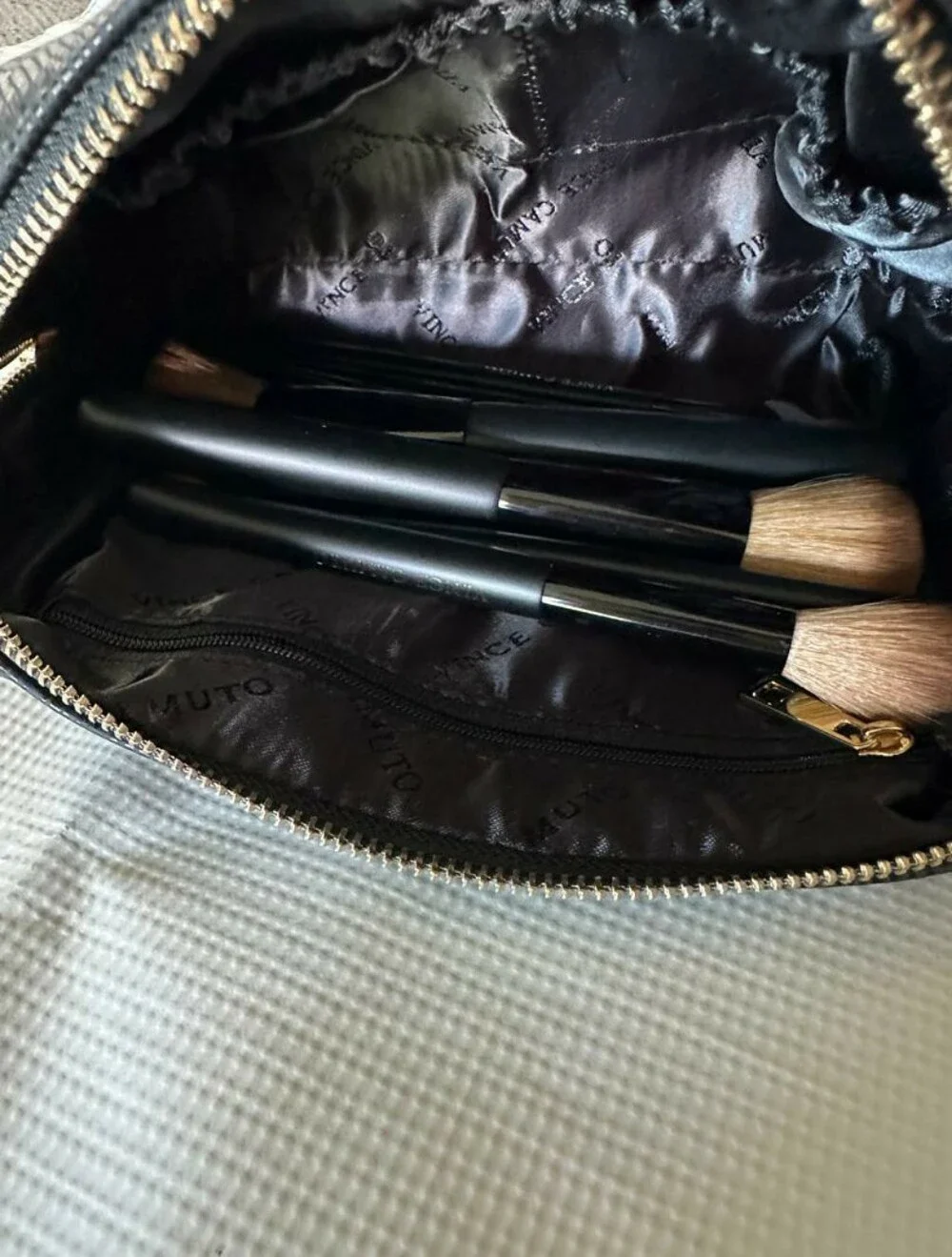 Vince Camuto Makeup Brush Set Featuring a Textured Black Cosmetic Bag